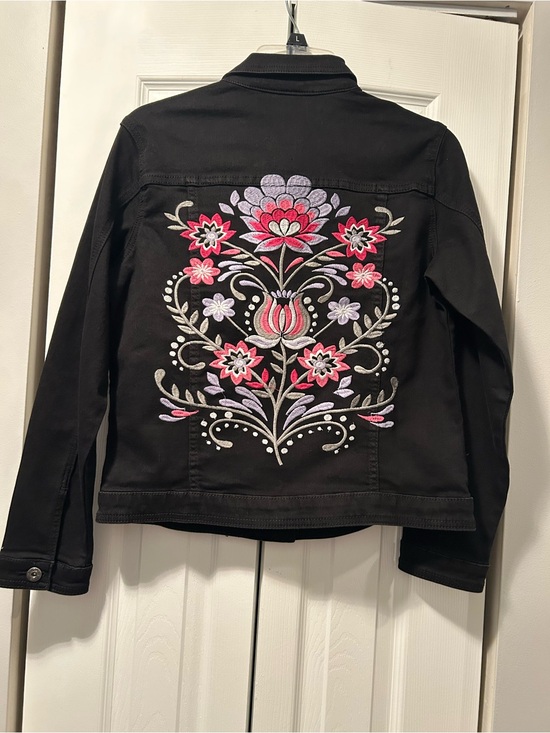 DG2 by Diane Gilman Jackets & Blazers - DG2 by Diane Gilman Black Jean Jacket with Pink & Lavender Floral Embroidery
